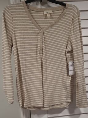 Style & Co. Beige and White Striped Henley Long-Sleeve Top
